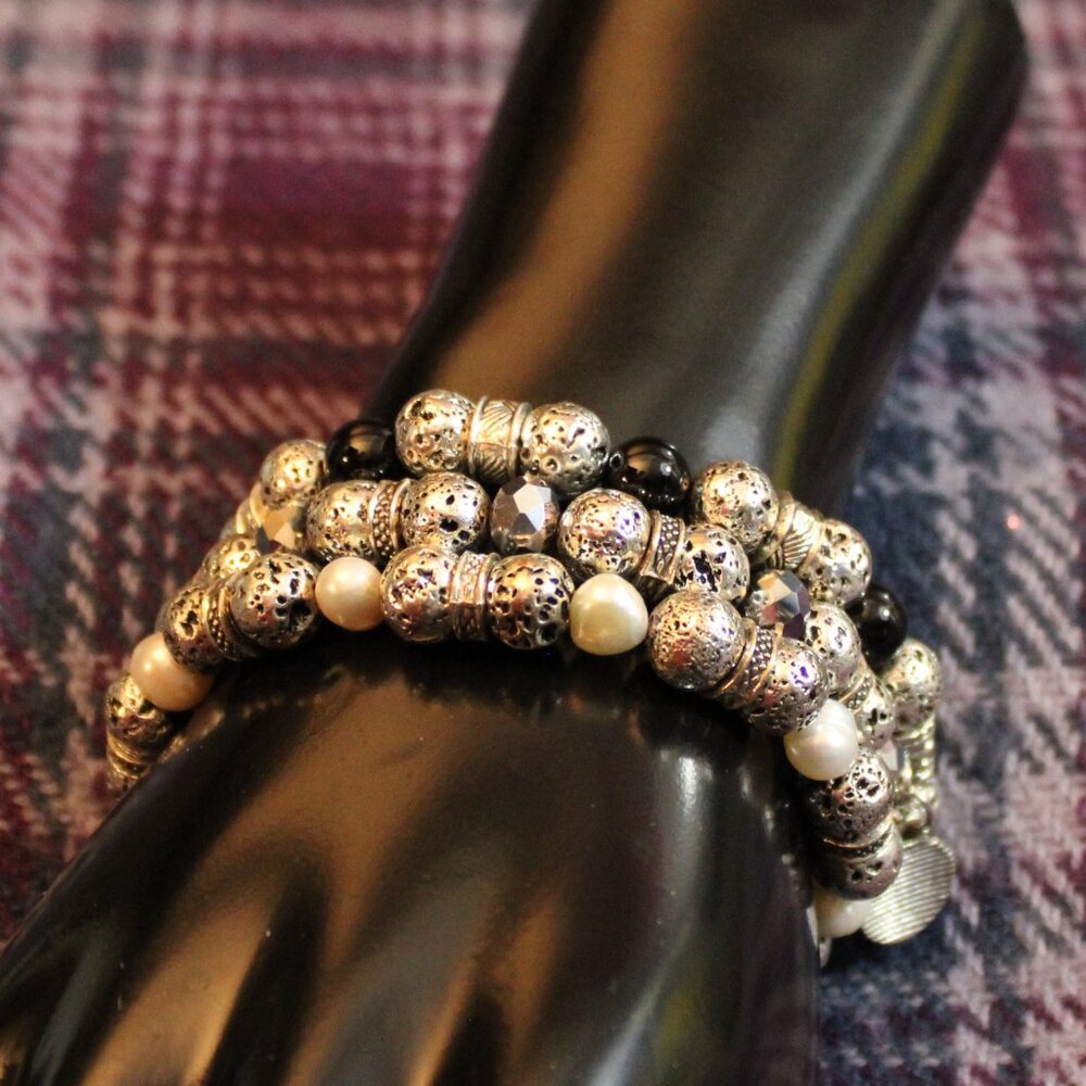 Freshwater Pearl Glass Stretch Bracelet Lot of Three Gemini